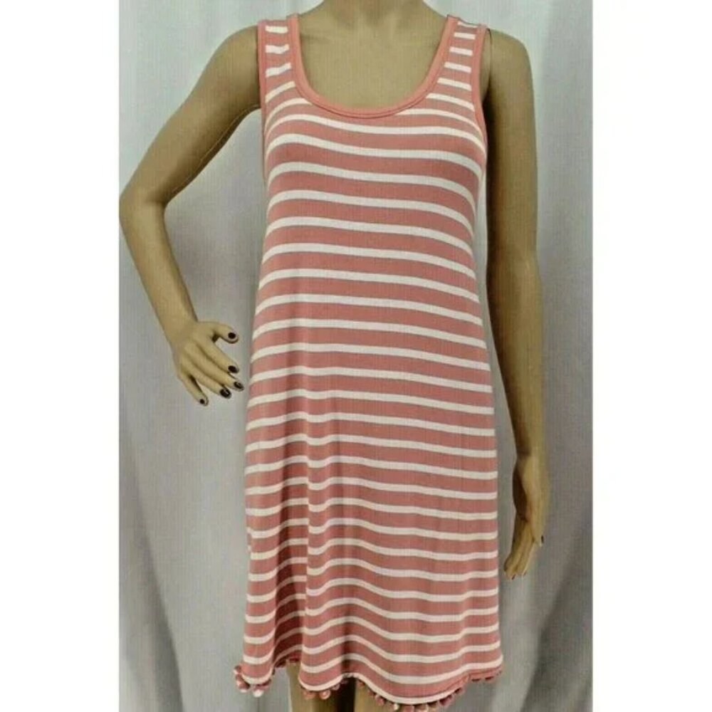 LOFT * PINK & WHITE STRIPED WITH POM POM TRIM BOHO SWING SHIFT DRESS SIZE: M NWT
